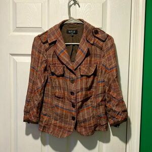 Le Full vintage Plaid Button-Front Jacket Rust Plaid with leather detail boho 10